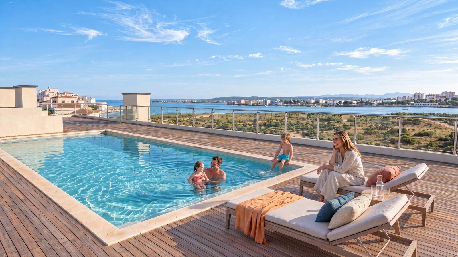 Uma família a aproveitar a piscina e o terraço, com o Arade ao fundo.